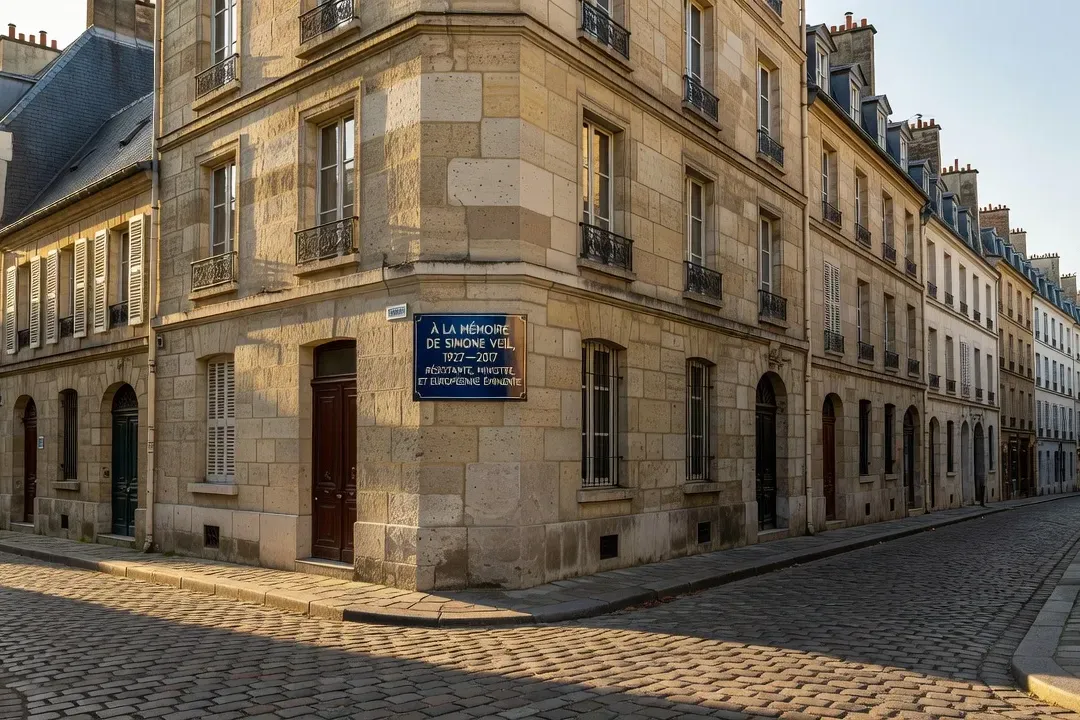 Plaque commémorative bleue sur une façade haussmannienne du Marais parisien