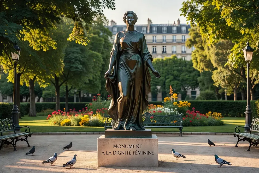 Statue de bronze d'une femme dans un jardin public parisien ensoleillé