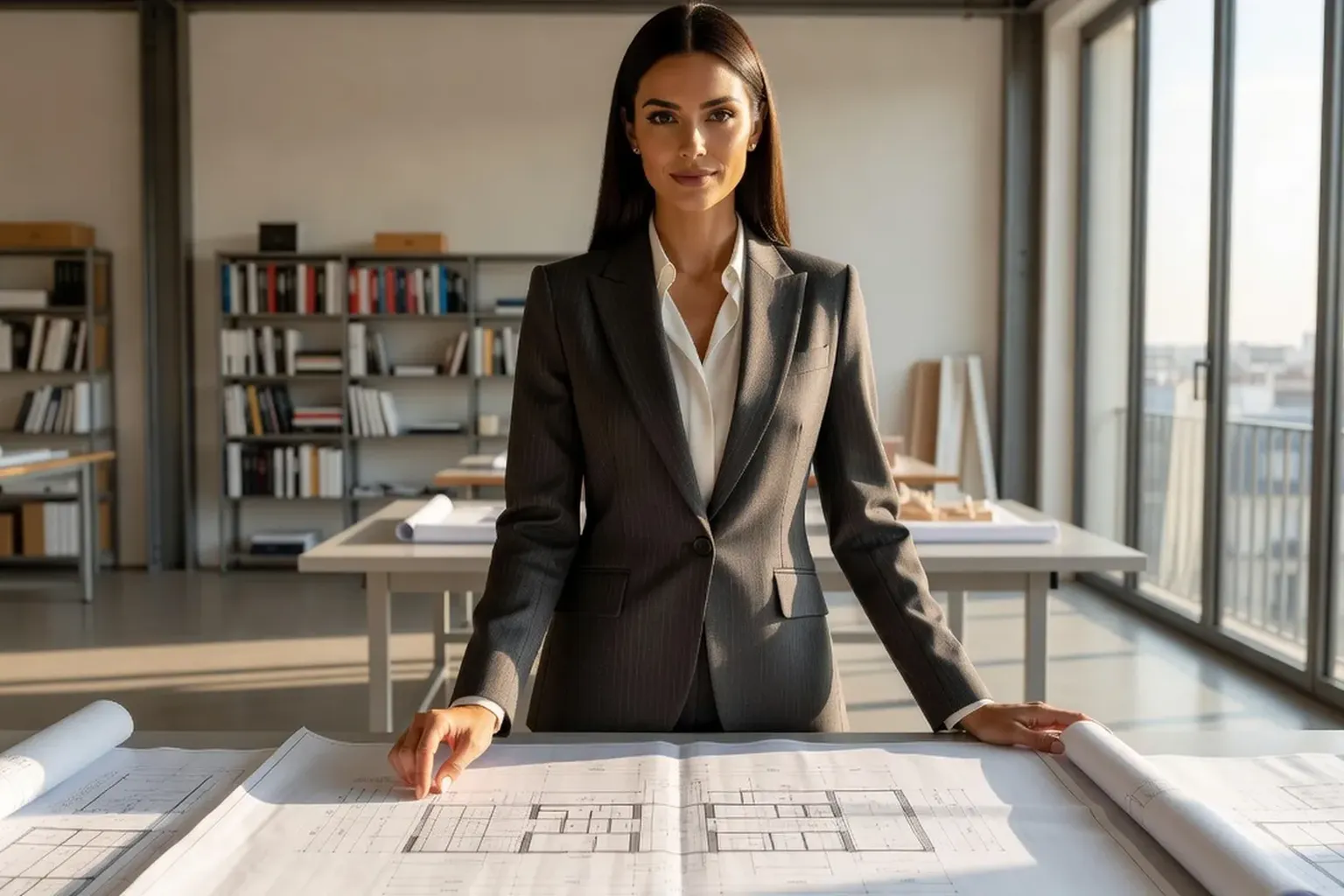 Femme architecte examinant des plans dans un atelier lumineux à Paris, matrimoine bâti