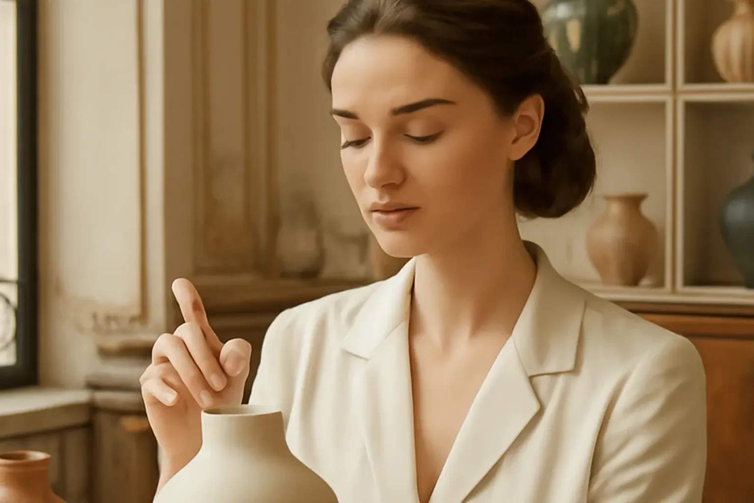 Femme designer élégante travaillant sur un objet en céramique dans un atelier d'arts décoratifs à Paris