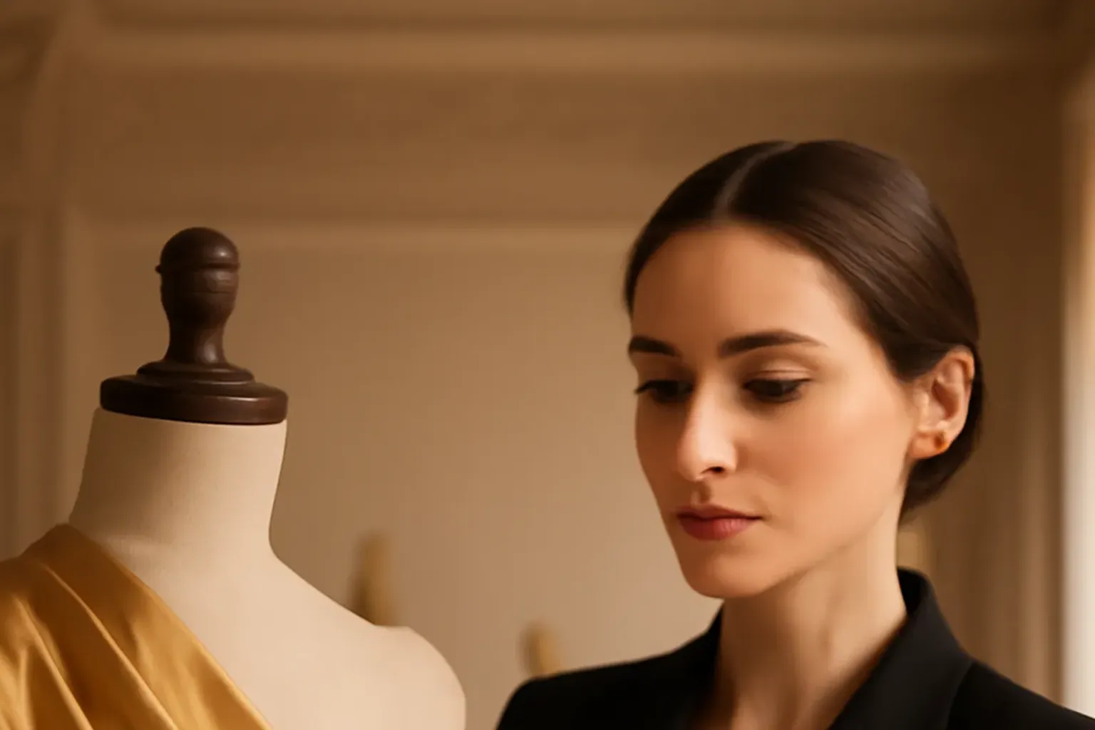 Créatrice de mode élégante drapant un tissu sur un mannequin dans un atelier de couture parisien